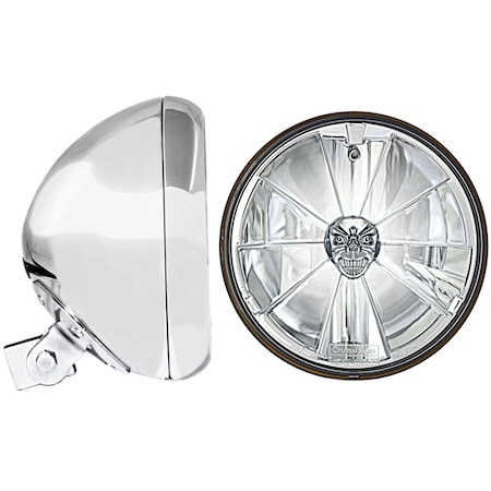 Newalthlete 7 in. Universal Headlight Bucket, Chrome with T70700-SR PC Pie Cut Skull Headlamp NE2998484